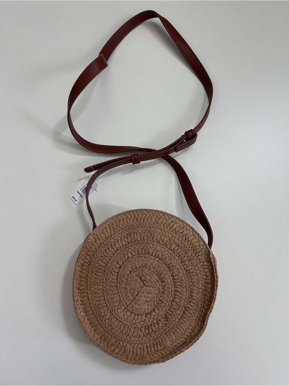 NWT Women’s Round Woven Crossbody Bag in Tan with Brown Strap